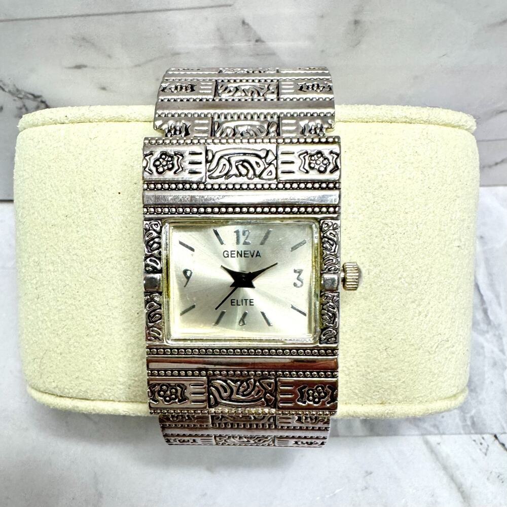 NEW Geneva Elite Women’s Watch Silver Tone MOP Cuff Bangle #2422 New Battery